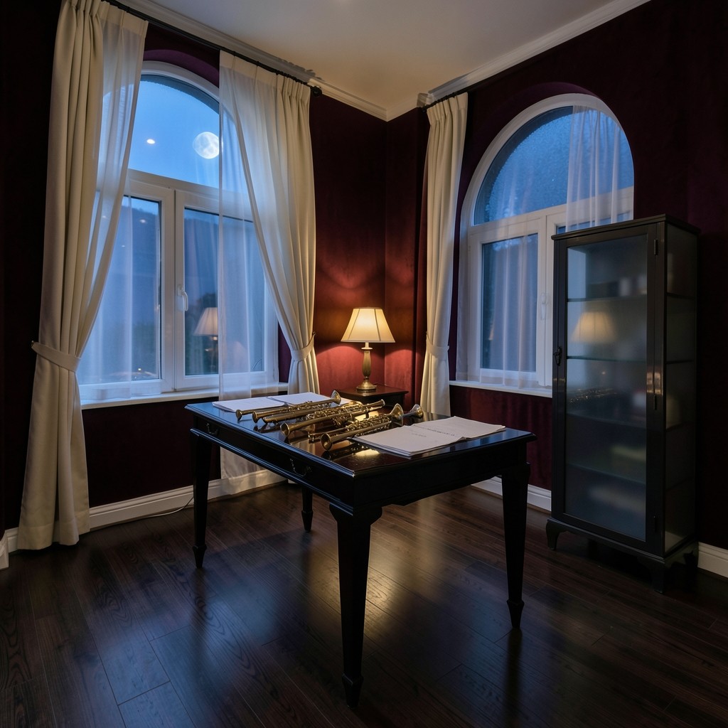 Night interior of the studio with velvet walls, a long table, and a smoked glass cabinet