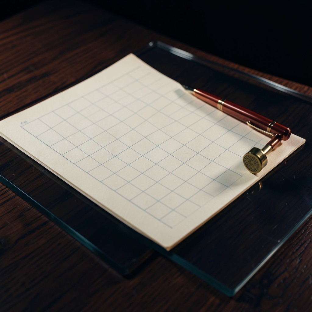 An empty ruled sheet beside a copper pen on smoked glass