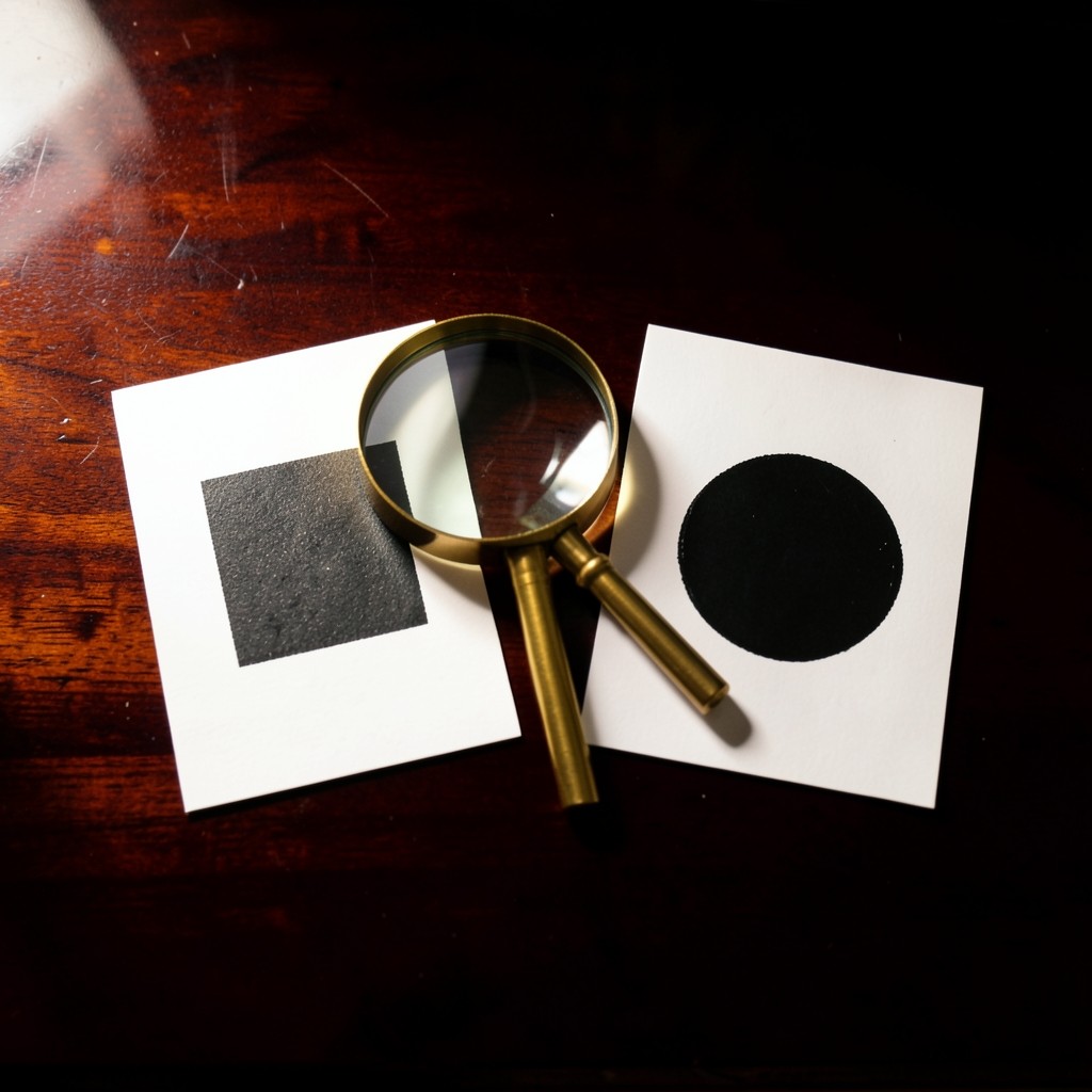 Two paper cards, one marked with a square and one with a circle, beside a brass magnifier