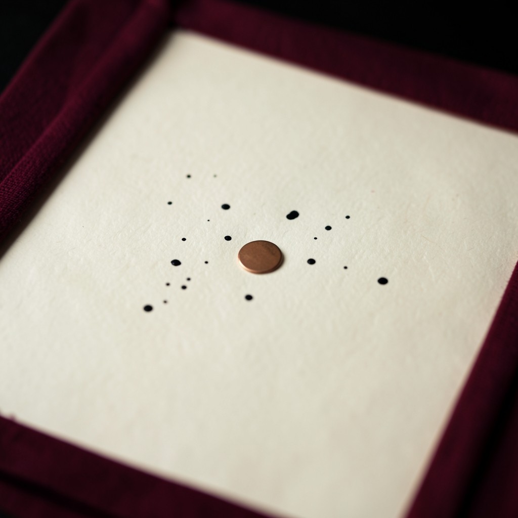 A few ink dots and one small copper circle on a large cream sheet