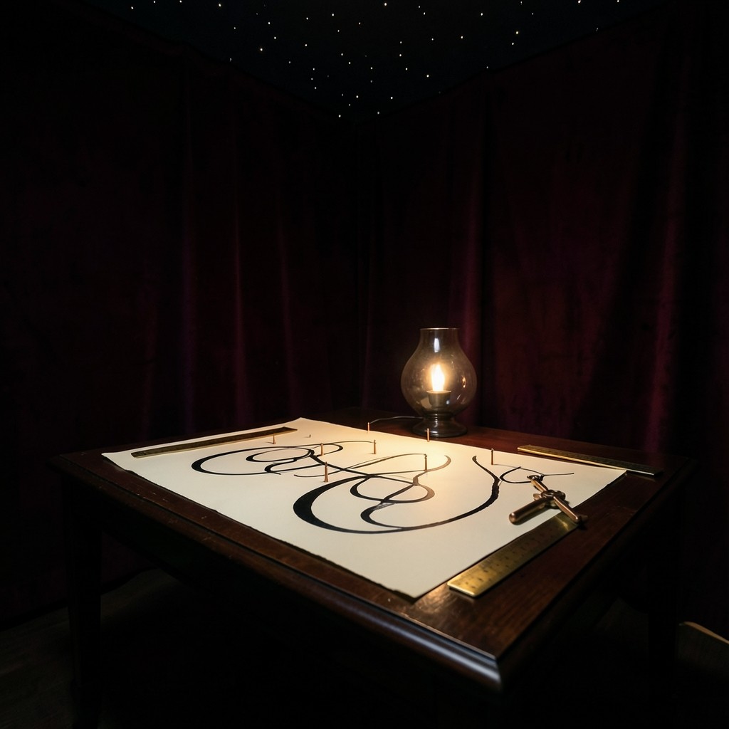 Dim velvet studio at night with a lacquered table of cream chart sheets and a brass ruler
