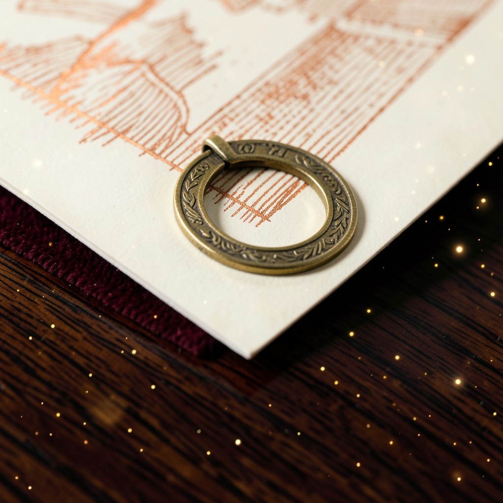 Macro view of a cream chart sheet clipped with a brass ring on lacquered wood