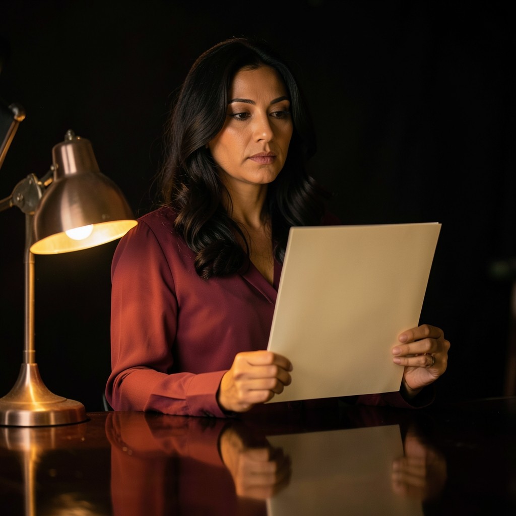 Portrait of Mira Adelman holding a blank sheet in the studio