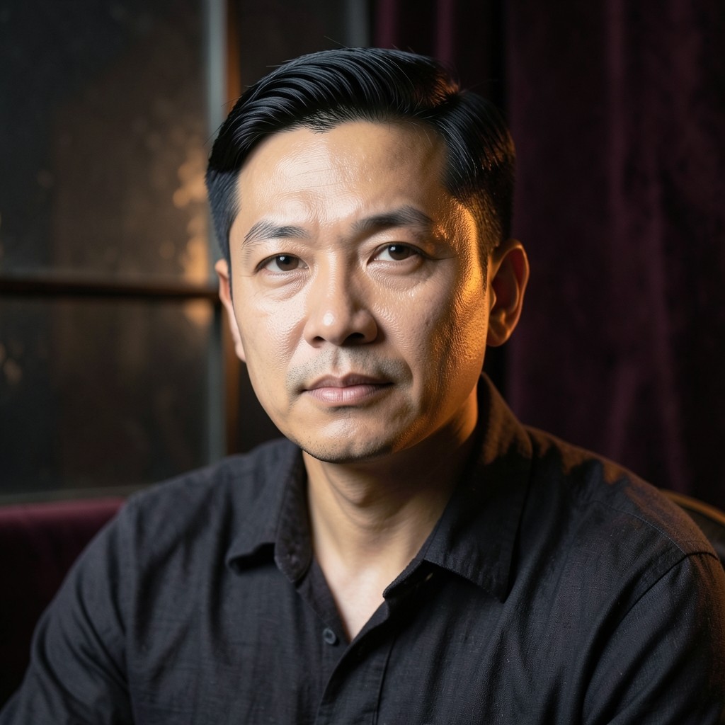 Portrait of Niran Chaiyasit seated in the dim studio