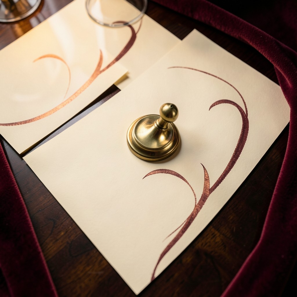Overlapping ivory sheets with hand-inked curves on dark lacquered wood