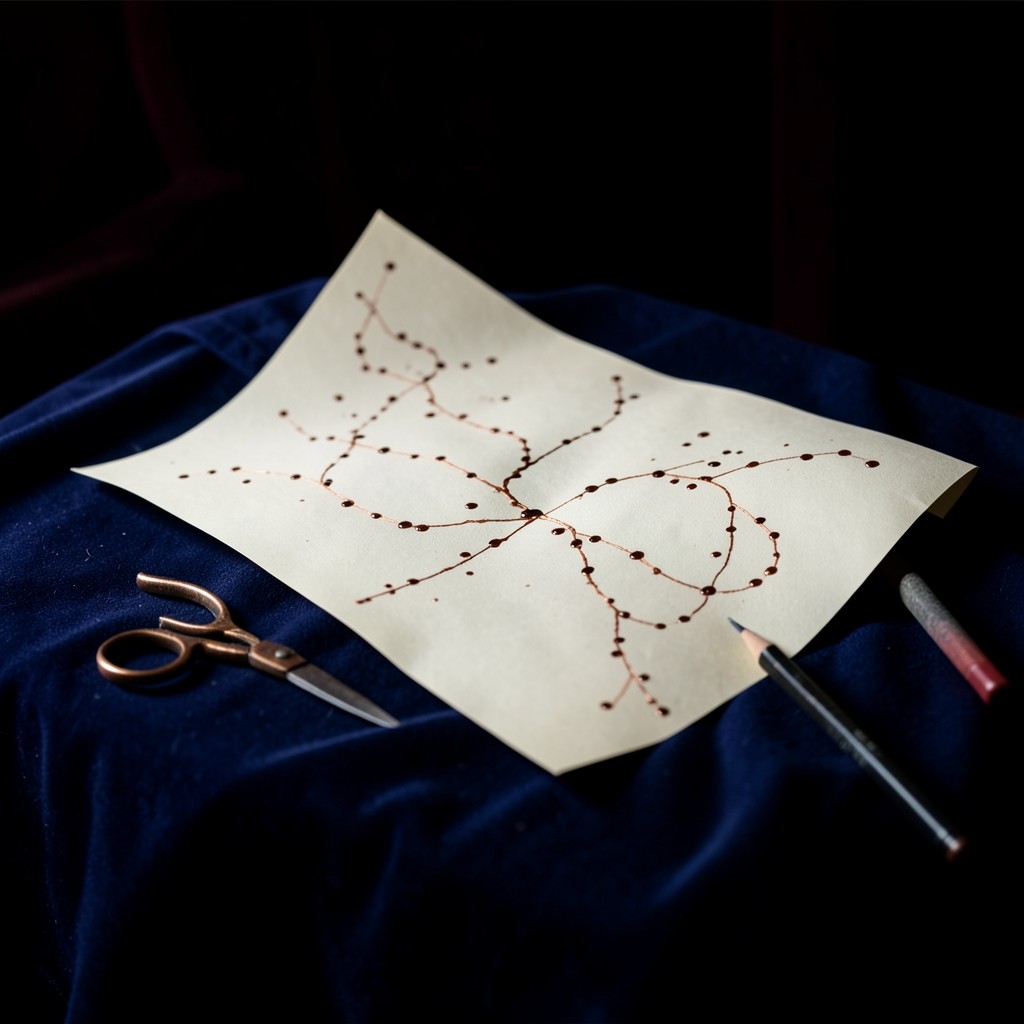 A long cream sheet with branching ink dots and copper lines on navy cloth