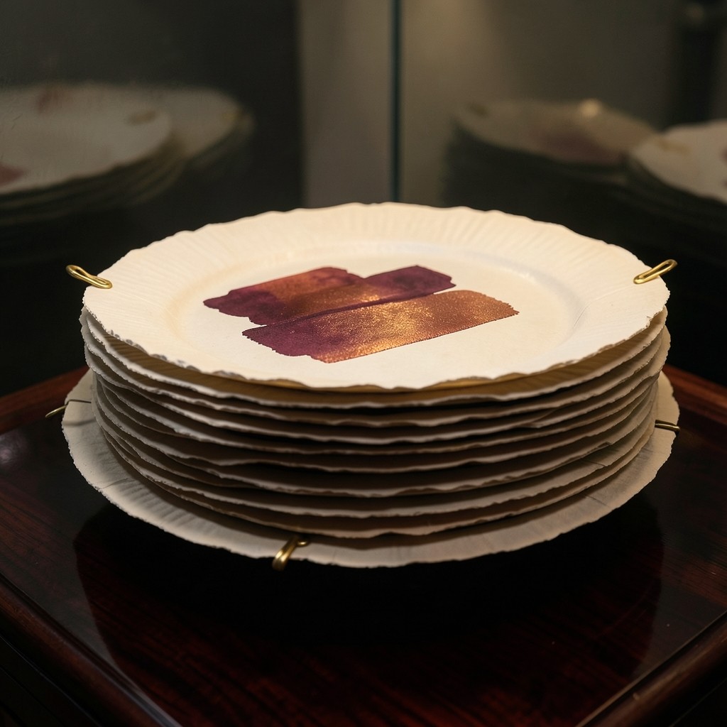 A stack of thick deckled paper plates with an abstract ink drawing on top