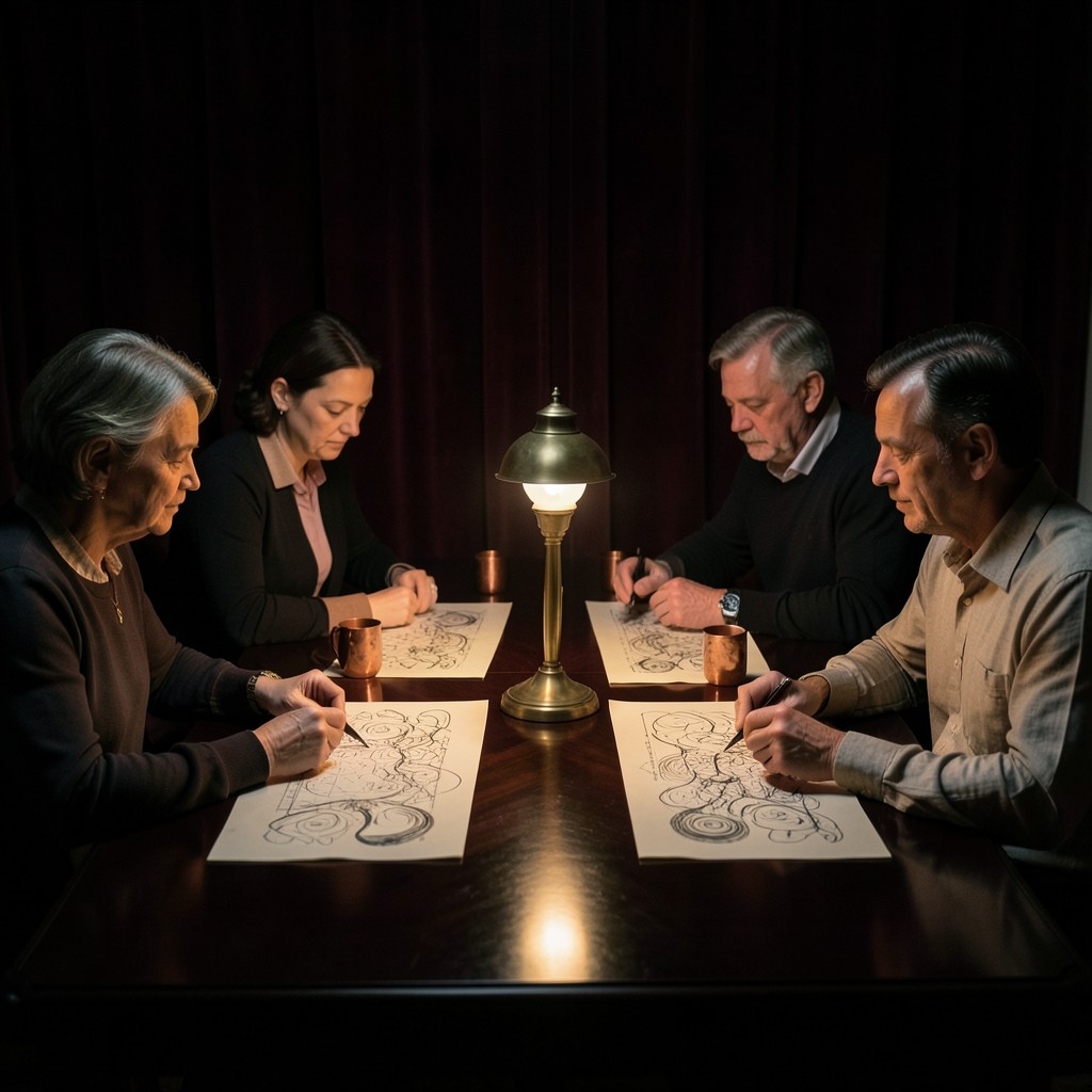 Four adults around a lacquered table studying paper charts in a velvet room