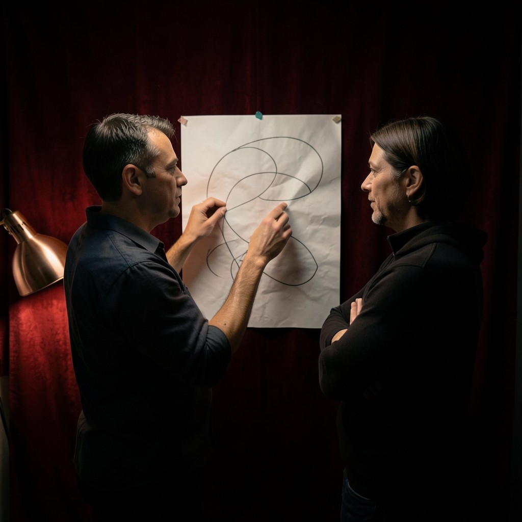Two adults in a dim studio looking at a large sheet of abstract curves